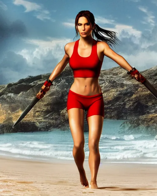 Prompt: a still of Lara Croft at the beach with weapons in a red swimsuit in the tv series Baywatch, bokeh, HDR, highly detailed and intricate