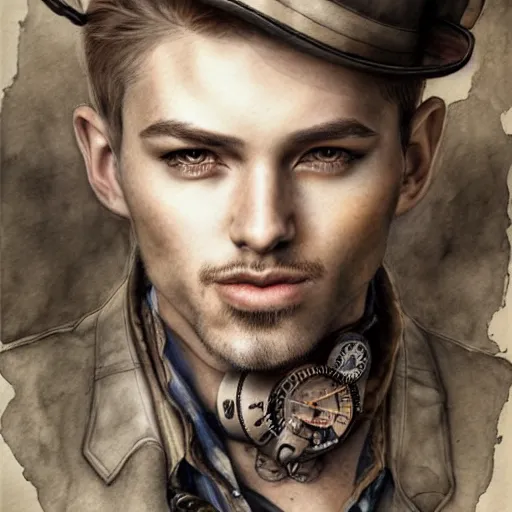 Image similar to hyper realistic pencil drawing of a man steampunk, water color, full figure, detailed, rim light, diffused, intricate, by anna dittmann,