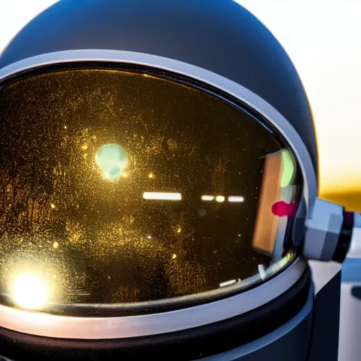 Prompt: close up photo of an anstronaut helmet and in the reflection is an unknown planet, dynamic lighting, 8k, hd quality, very detailed, studio quality lighting, hyper realistic