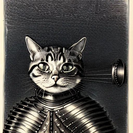 Image similar to engraving portrait of humanoid cat in medieval armoury by gustave dore. trending on deviant art, street art, chillwave, maximalist, full of color, glittering, 8 k, hd