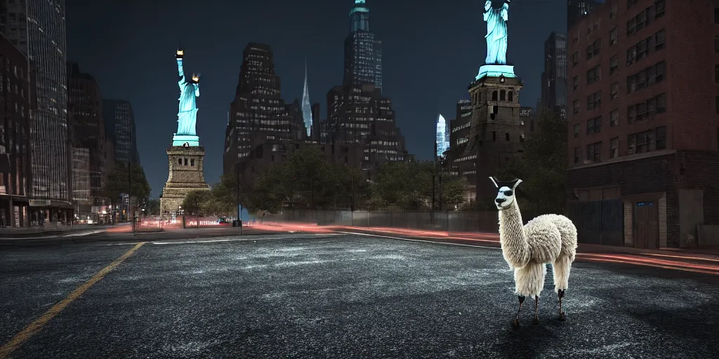 Image similar to a llama walking through a desolate manhattan city street at night, statue of liberty seen in the background, realistic 4 k octane beautifully detailed render, 4 k post - processing, highly detailed, detailed face, intricate complexity, epic composition, magical atmosphere, cinematic lighting, masterpiece, color picture, ultra hd