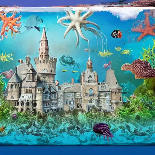 Image similar to a majestic view of a sprawling victorian castle submerged 1 0, 0 0 0 feet under the sea surrounded by octopii, starfish, seahorses, tropical fish