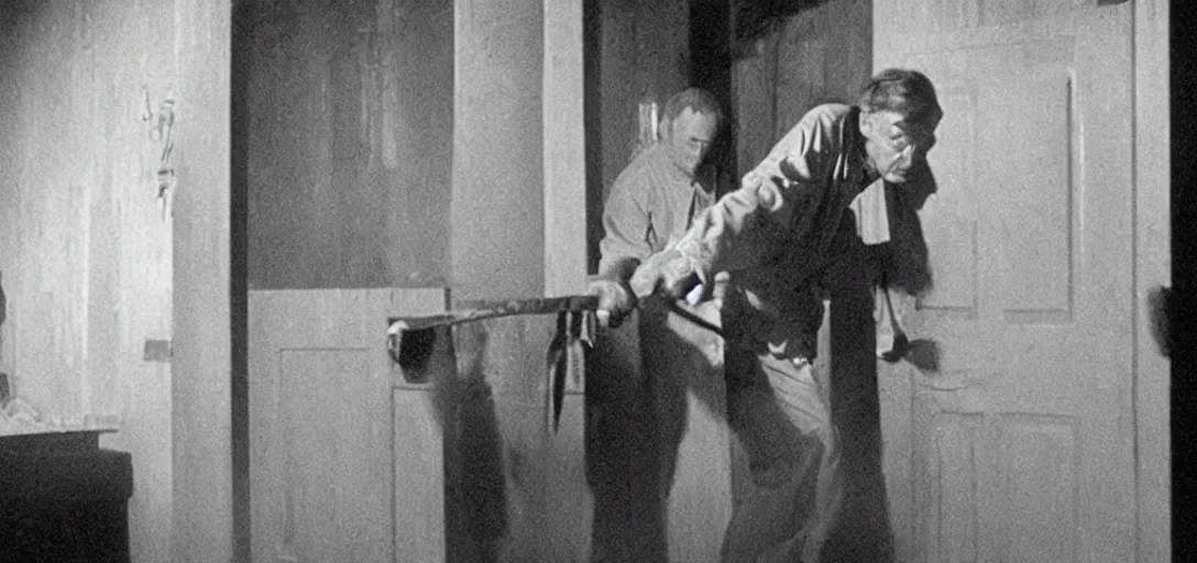 Image similar to jack nicolson breaking down door with an axe, foggy cinematic shot photo still from movie shining by stanley kubrik