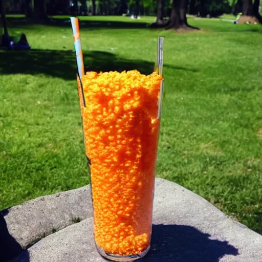 Prompt: a tall glass of cheetos soda at a picnic in the park