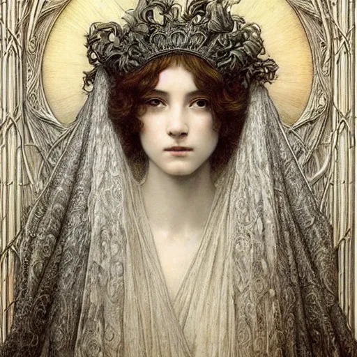 Prompt: detailed realistic beautiful young medieval queen face portrait by jean delville, gustave dore and marco mazzoni, art nouveau, symbolist, visionary, gothic, pre - raphaelite