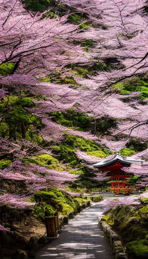 Image similar to a shinto shrine path atop a mountain,spring,cherry trees,beautiful,nature,distant shot,isometric