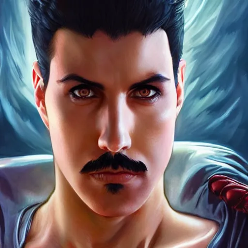 Prompt: ultra realistic freddy mercury from ryu from street fighter, portrait, 4 k, ultra realistic, detailed focused art by artgerm and greg rutkowski and alphonse mucha