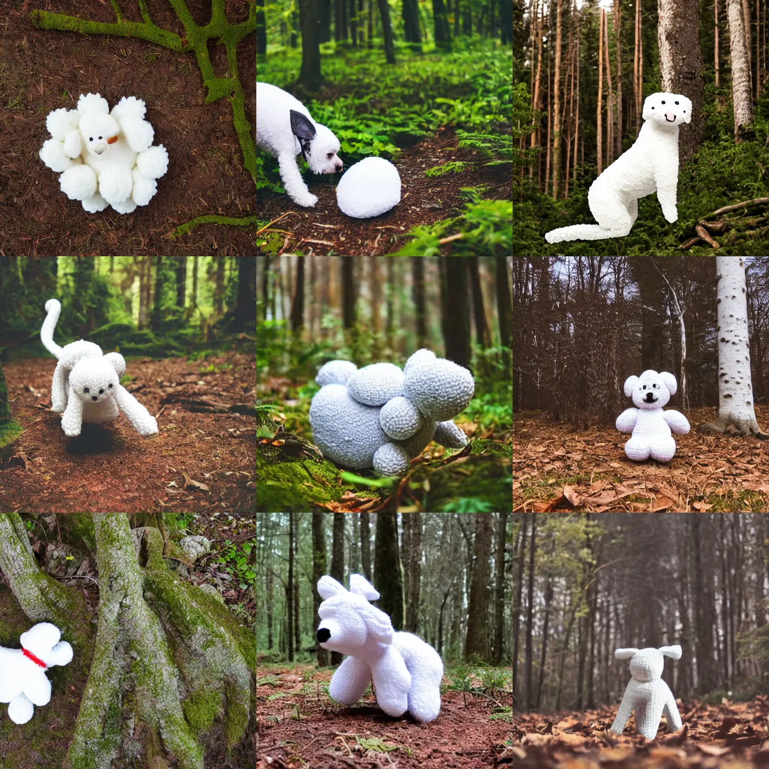 Prompt: White knitted dog pooping in a forest