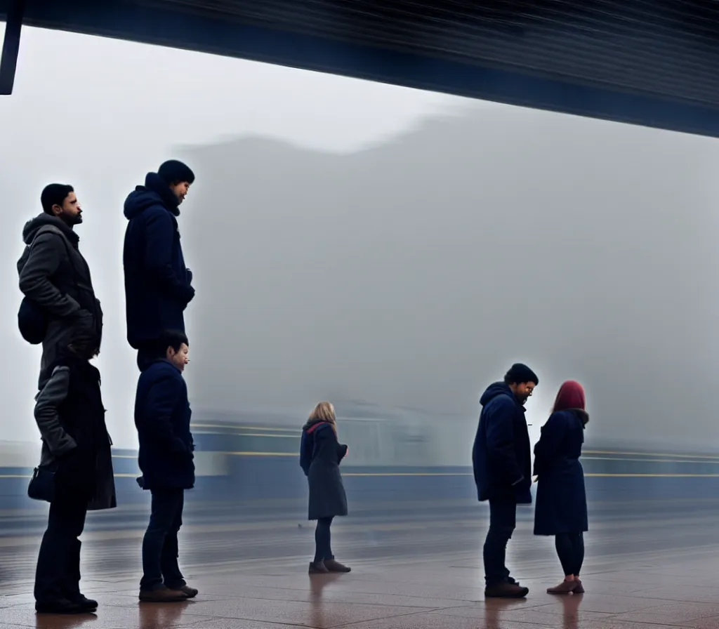 Prompt: A man and a woman wait for a train on a platform back to the camera, trains in the background, foggy morning hard light, horizontal composition, photorealistic