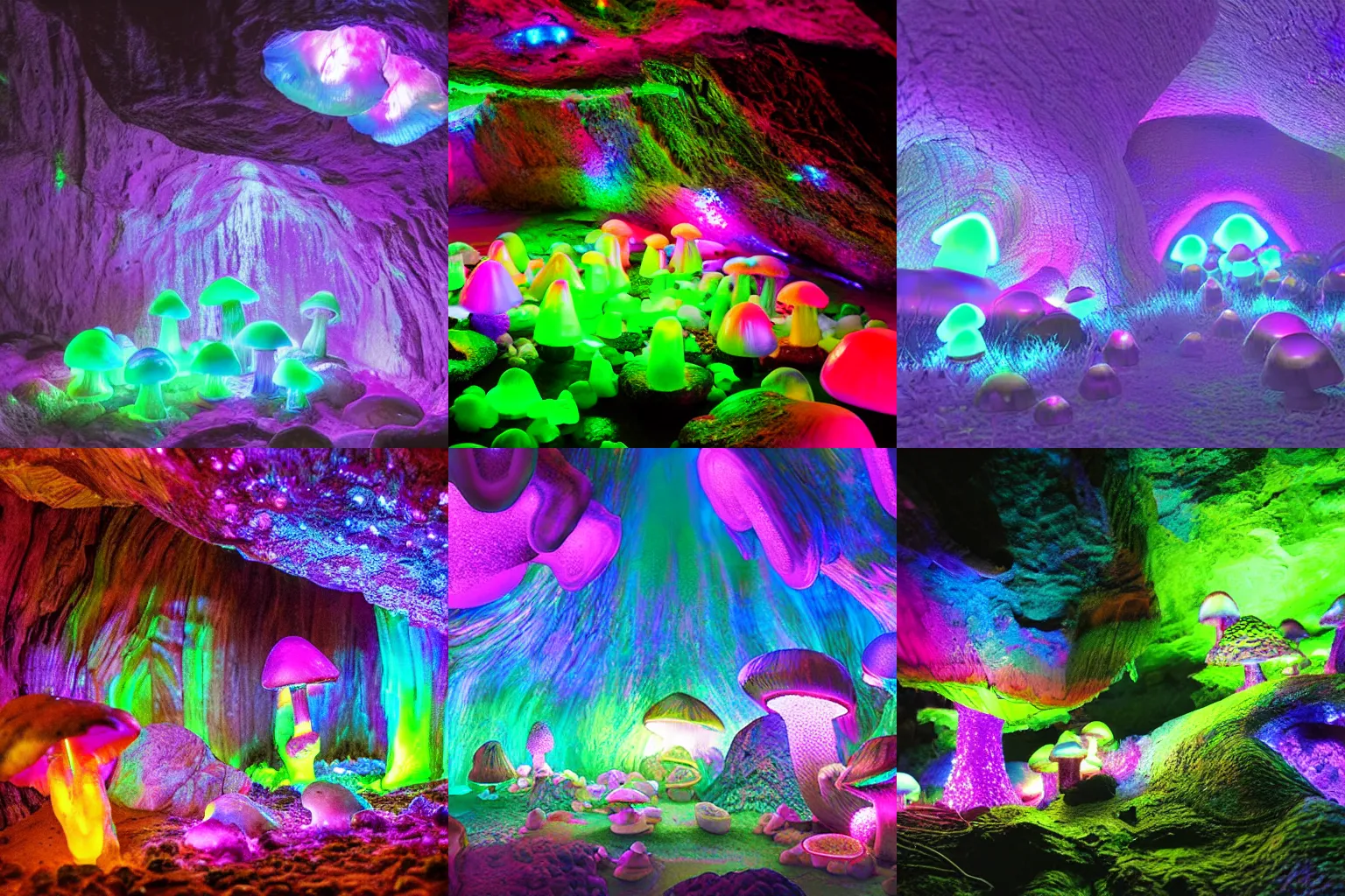 Prompt: iridescent cave, glowing mushrooms, glowing crystals, neon, hyperrealistic