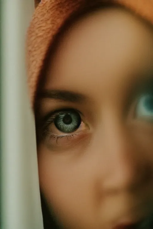Prompt: kodak portra 1 6 0 photograph of a person looking out their window, eyes, beautiful eyes, stunning eyes, close up, telephoto, faded effect, grain,