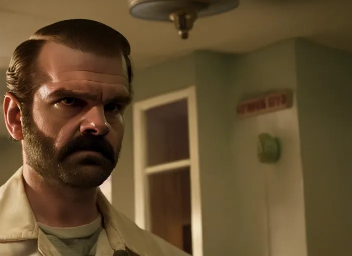 Image similar to film still of jim hopper as nancy wheeler in stranger things, 8 k