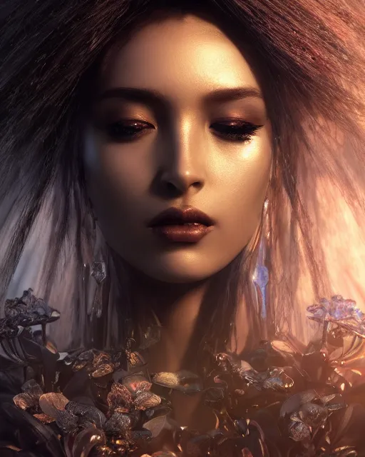 Image similar to beauteous sumptuous dark empress with incredible iridescent pearlescent voluminous hair, crystalline masterpiece incrustations, hyperdetailed face, elegant pose, movie still, cinematic forest lighting, intricate accuracy, octane render, cgsociety, artgerm, unreal engine, crepuscular rays, god rays
