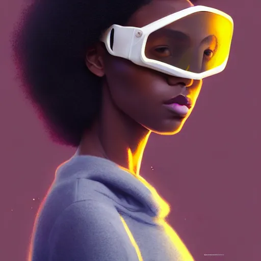 Image similar to beautiful woman wearing opaque reflective goggles profile picture by greg rutkowski, brown skin, long afro hair, asymmetrical, futuristic, cool colors, streetwear, studio ghibli, organic painting, matte painting, geometric shapes, hard edges, street art, trending on the artstation, fantasy lut, realistic by sachin teng,