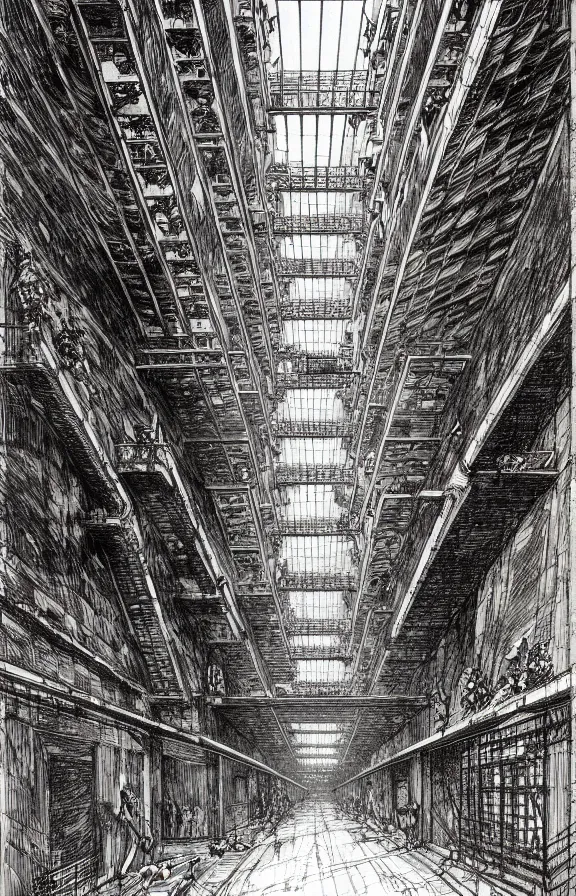 Prompt: brutalist concrete structures, never ending hallway, insanely detailed and intricate, sketch by tsutomu nihei, giovanni battista piranesi, gustave dore