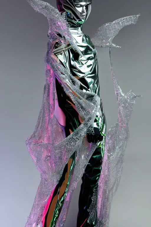 Image similar to full-body rococo and cyberpunk delicate crystalline sculpture of a muscular iridescent slender Latino male as a humanoid deity wearing a thin see-through plastic hooded cloak sim roupa, posing like a superhero, glowing pink face, crown of white lasers, large diamonds, swirling black silk fabric. futuristic elements. oozing glowing liquid, full-length view. space robots. human skulls. throne made of bones, intricate artwork by caravaggio. Trending on artstation, octane render, cinematic lighting from the right, hyper realism, octane render, 8k, depth of field, 3D