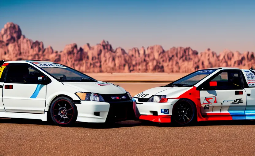 Image similar to photograph of an itasha Honda Civic EK9 Type-R, surrounded by desert with a futuristic city in the horizon, sigma 85mm f/1.4, 4k, depth of field, high resolution, 4k, 8k, hd, full color