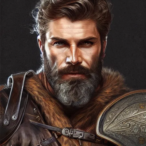 Image similar to portrait of a young, ruggedly handsome ranger, muscular, half body, leather, hairy, d & d, fantasy, intricate, elegant, highly detailed, digital painting, artstation, concept art, smooth, sharp focus, illustration, art by artgerm and greg rutkowski and alphonse mucha