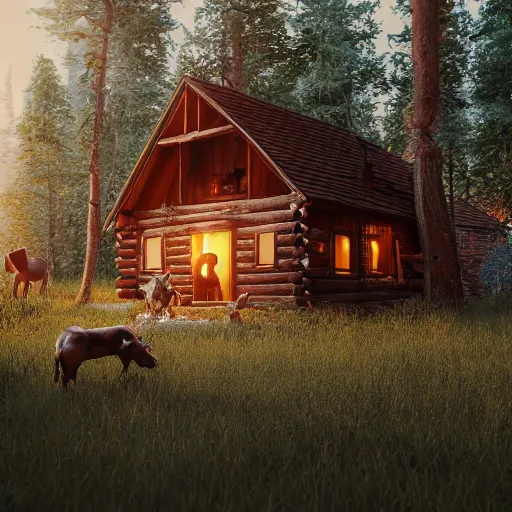 Image similar to a cabin in the woods with farm animals and friendly people, clash royal style characters, unreal engine 5, octane render, detailed, cinematografic, cinema 4 d, artstation trending