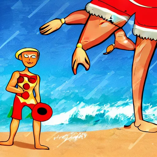 Image similar to muscular pizza man, beach background