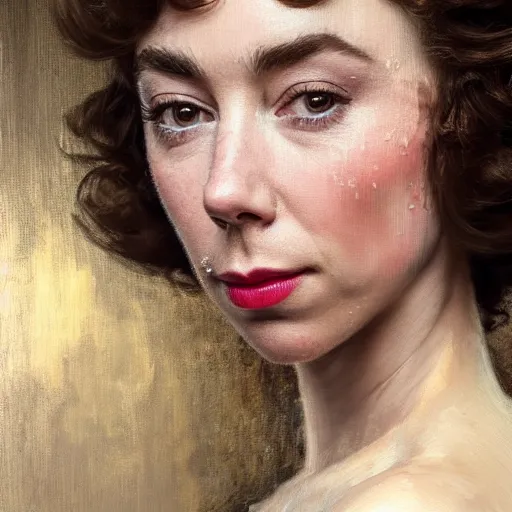 Image similar to vanessa kirby as dark - haired princess margaret, a beautiful closeup oil painting, she has tears running down her face, wet lips, perfect eyes, insanely detailed, elegant, by wlop, rutkowski, livia prima, mucha,