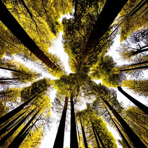 Image similar to looking up at the tops of trees in a forest, an ultrafine detailed painting by jon coffelt, shutterstock contest winner, generative art, multiple exposure, fisheye lens, high dynamic range