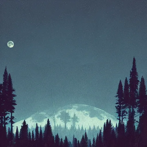 Image similar to rocky mountains at night, by ismail inceoglu, large full moon centered in the background, pine trees, digital art, illustration, detailed, spooky, gloomy, 8 k render