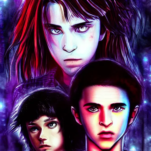 Image similar to Twilight anime, Stranger Things, Edward, Bella, photorealistic, dramatic lighting, soft, sharp focus, highly detailed, digital painting