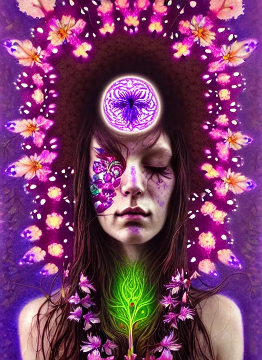 Prompt: psychedelic organic shaman, made of orchids and cherry blossom trees, diffuse lighting, fantasy, intricate, glowing third eye, highly detailed, photorealistic, digital painting, artstation, beautiful woman, concept art, smooth, sharp focus, by john collier and albert aublet, by amanda sage