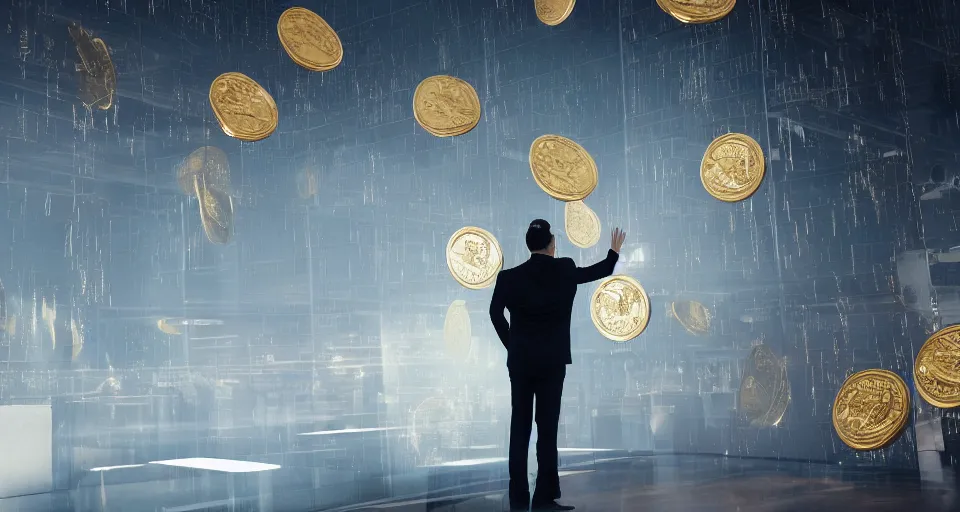 Image similar to Dramatic photo of a CEO waving goodbye to silhouettes of his coworkers in a futuristic office. Golden coins are levitating all around them. 8k, high detail, trending on Artstation, volumetric lighting, cyberpunk