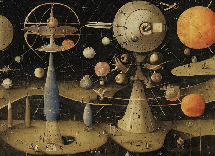 Image similar to an intricately detailed space station by Hieronymus Bosch