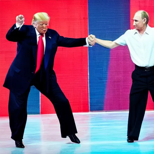 Prompt: Donald Trump and Vladimir Putin dancing to hip hop music