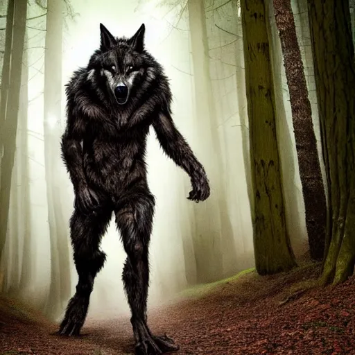 Image similar to werecreature consisting of a human and wolf, photograph captured in a forest