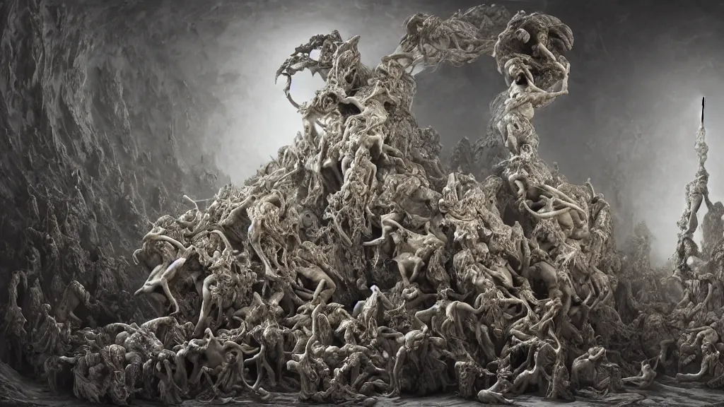 Image similar to an epic sculpture made of marble and ivory, a horde of cosmic skeletons attacking, by gustave dore, by zdzisław beksinski, by emil melmoth, sculpture standing on in a large studio space, monumental, epic, detailed, intricate, volumetric lighting, realistic, octane render, in frame, 2 0 % pearlescent detailing