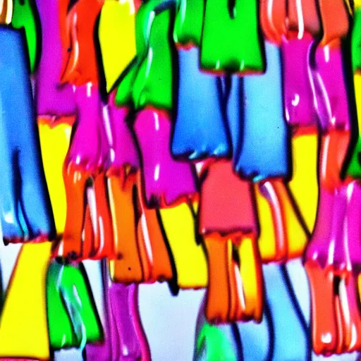 Prompt: liquid pants dripping down the leg neon colors melted paper clips and crayons