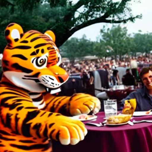 Image similar to tony the tiger eating a juicy steak while people watch