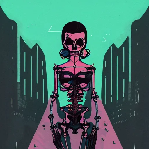 Image similar to a colorfully detailed comic noir style illustration of a beautiful woman wearing a skeleton suit in a post-apocalyptic desert by queens of the stone age and sachin teng, dark vibes, street art, cinematic, high contrast, depth of field