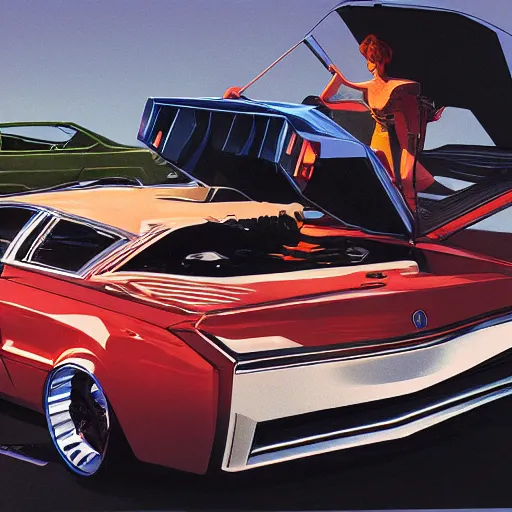 Image similar to concept art for a car with meat smoker trunk, illustrated by syd mead, high quality