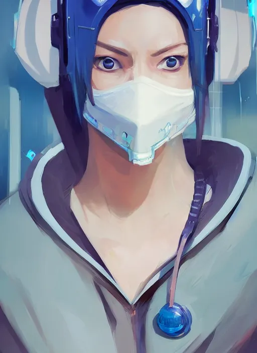 Image similar to concept art close up blue cyberpunk character with a surgical mask, by shinji aramaki, by christopher balaskas, by krenz cushart