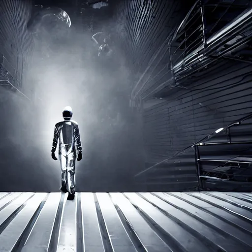 Image similar to mysterious man in silver space suit, walking on an industrial catwalk with stairs that lead nowhere, floating in deep space with a black background, photograph, wide angle, long shot