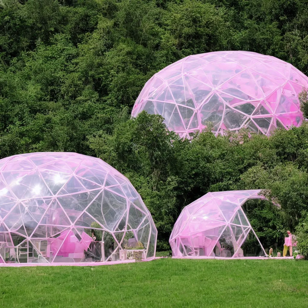 Prompt: an inflatable geodesic house made of clear pink plastic sheeting. The house is made of 3 inflated bubbles. The inflated house at the edge of a forest. There are cows in the foreground eating the grass. There is a garden party outside the house with many people attending. A family is living inside the bubble house and it is furnished with contemporary furniture and art. ultra wide shot, coronarender, 8k, photorealistic