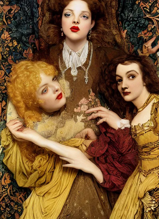 Prompt: masterpiece of intricately detailed preraphaelite photography portrait hybrid of a hybrid of judy garland and lady gaga and a hybrid of and shelly duval and ida b wells, sat down in train aile, inside a beautiful underwater train to atlantis, betty page fringe, medieval dress yellow ochre, by william morris ford madox brown william powell frith frederic leighton john william waterhouse hildebrandt