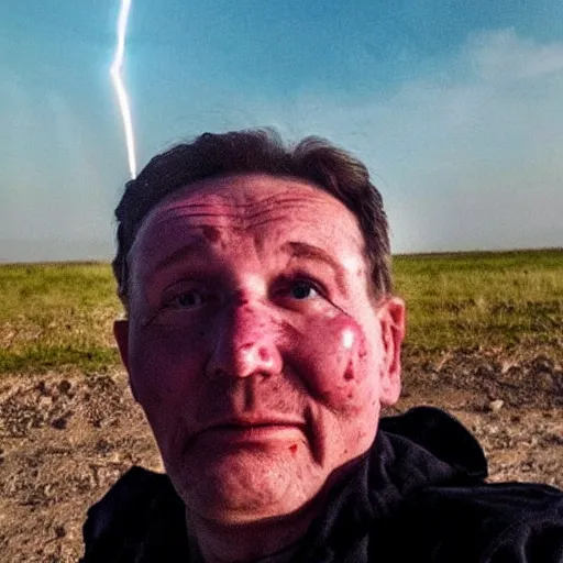 Image similar to last selfie of last alive funny scared ukrainian very damaged body to bones, bleeding running from nuclear rockets and nuclear explossions, big nuclear explosion at background, and nuke missles fly right in lens,