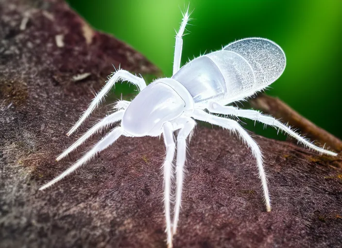 Image similar to super macro of a translucent clear white crystal spider with lcd monitor, in the forest. Fantasy magic style. Highly detailed 8k. Intricate. Nikon d850 300mm. Award winning photography.