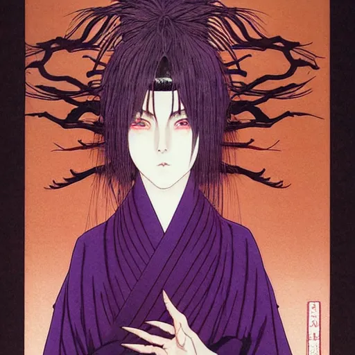 Image similar to prompt : portrait of muse soft light painted by takato yamamoto, purple rinnegan eyes, inspired by ninja anime, smooth face feature, intricate oil painting, high detail, sharp high detail, manga and anime