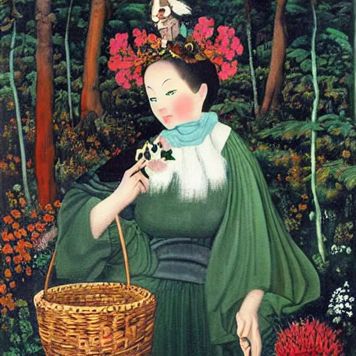 Image similar to In the painting Vasilisa can be seen standing in the forest, surrounded by animals. She is holding a basket of flowers in one hand and a spindle in the other. Her face is turned towards the viewer, with a gentle expression. In the background, the forest is depicted as a dark and mysterious place. by Go Nagai, by Michael Cheval realist, imposing