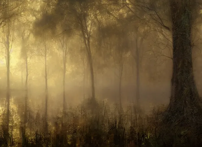 Image similar to misty swamp in early morning, hazy fog, sundown golden hour firefly wisps, Lilia Alvarado, Sophie Anderson, Mark Arian, Bob Byerley, Charlie Bowater, Mark Brooks, Steve Henderson, Justin Gerard, Arthur Hughes, Edward Robert Hughes, Mark Keathley, Victor Nizovtsev, Carlos Shwabe, Ross Tran, WLOP