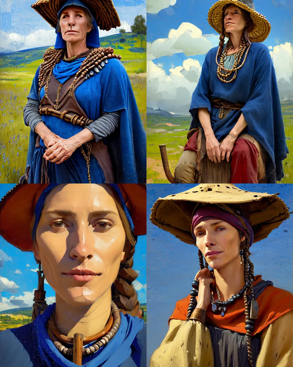 Image similar to portrait of medieval farmer woman with wooden jewelry, mediterranean features, wearing rich jewerly hat and deep blue boho poncho, fantasy character close up portrait, sitting dynamic pose, Low poly, thunder clouds in the sky, artwork by Jeremy Lipkin and Giuseppe Dangelico Pino and Michael Garmash and rob rey, levitation, industrial rusty pipes, simple form, brutal shapes