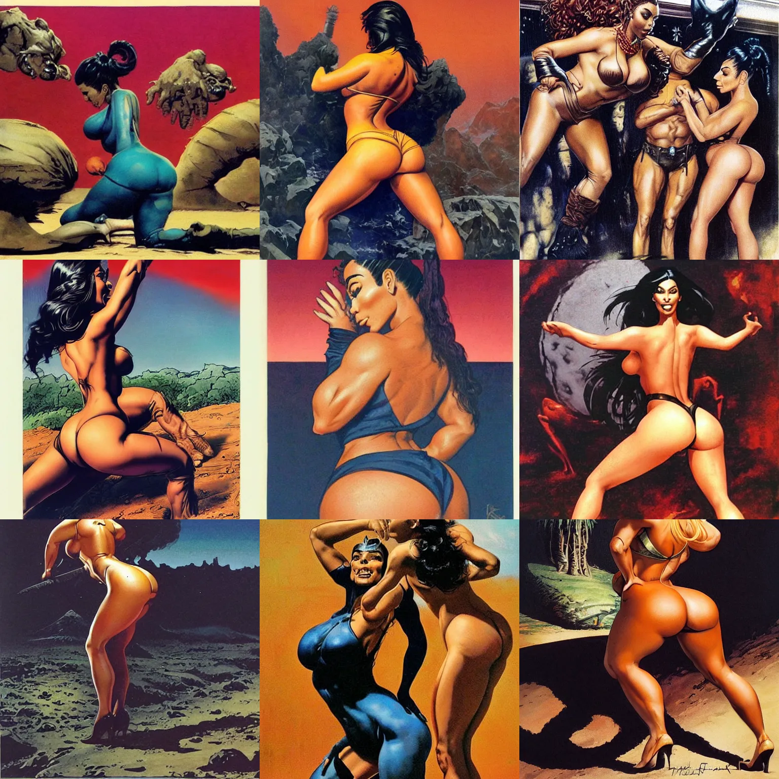 Prompt: kim kardashian twerking by frank frazetta, ken kelly, simon bisley, richard corben, robert crumb, clay wilson, spain rodriguez