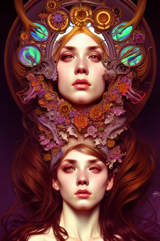 Image similar to overlord, psychedelic, portrait, highly detailed, deep focus, elegant, digital painting, smooth, sharp focus, illustration, ultra realistic, 8 k, art by artgerm and alphonse mucha